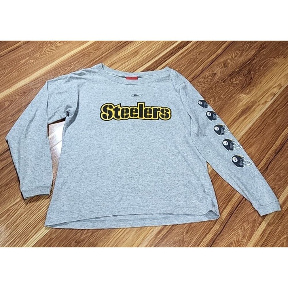 Reebok Steelers Long Sleeve Shirt Boys Size Large 14/16 NFL Football Gray Sports